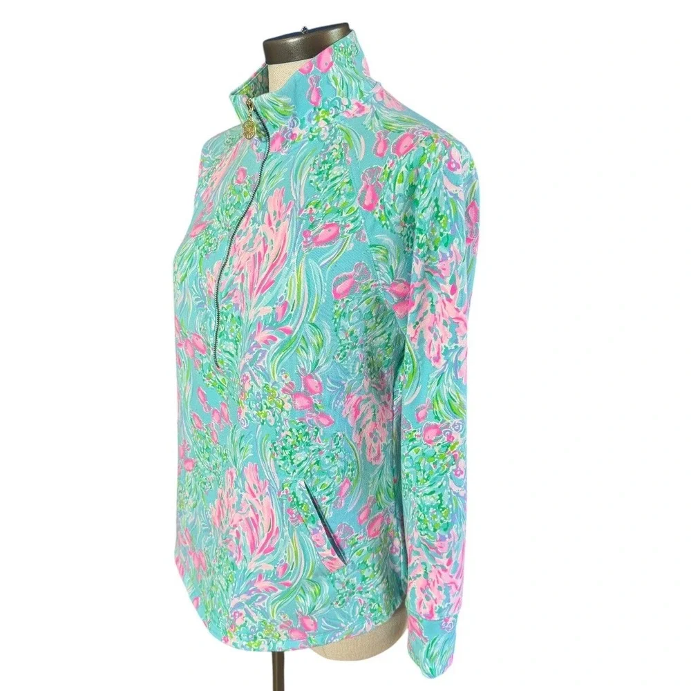 Lilly Pulitzer Womens Turquoise Pink Coral Print Quarter Zip Pullover Large - Picture 2 of 9